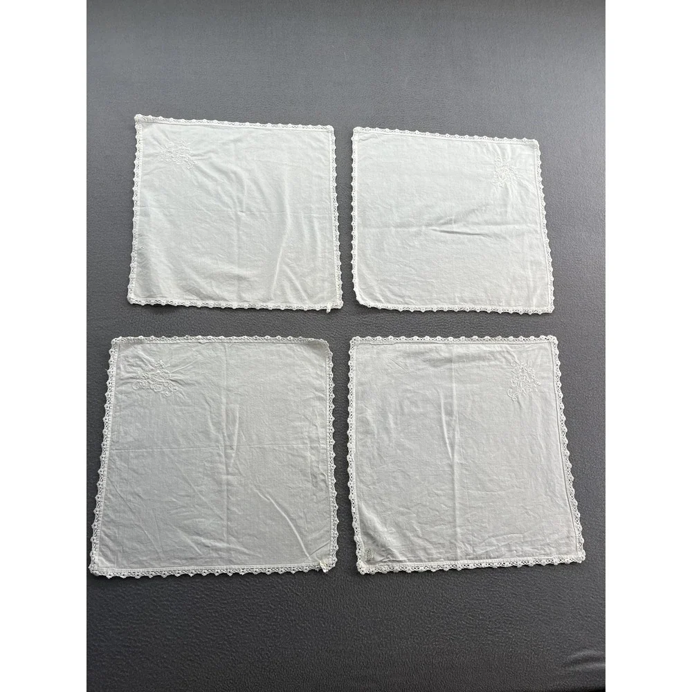 Lillian Vernon White Cotton Napkins Set of 4 Floral Embroidery Crochet Lace Trim